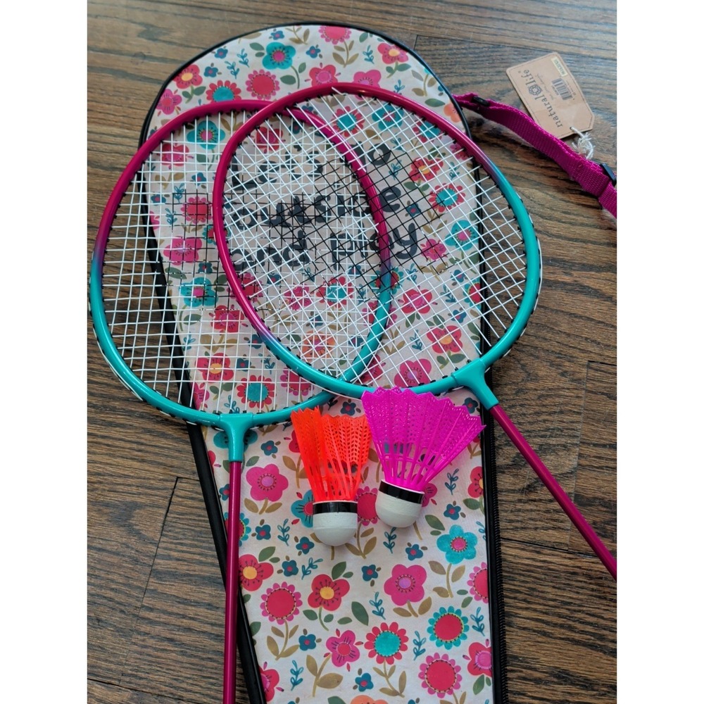 NEW Natural Life Badminton Set of 2 Racquets And Birdies Floral Carrying Case
